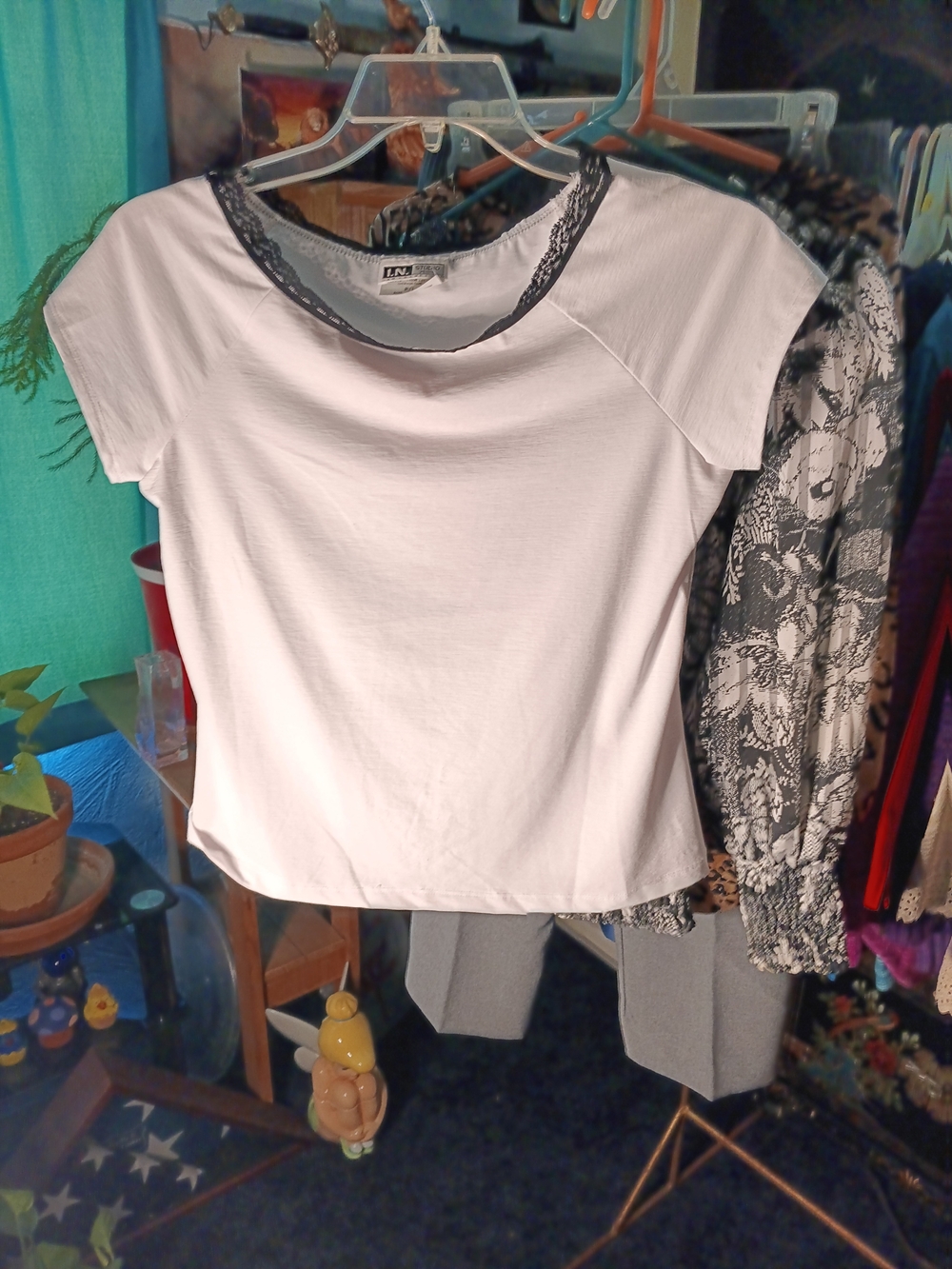Studio I White Short Sleeve Top with Black Lace Trim